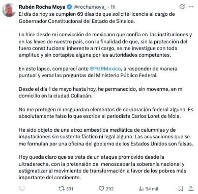 Rubén Rocha Moya revela su ubicación