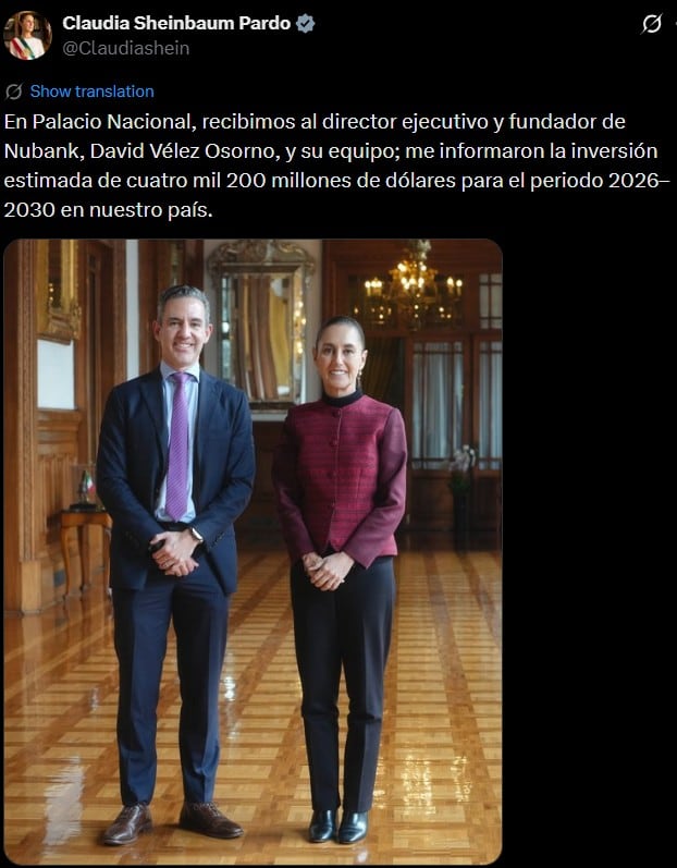 gkalfiybmzhtpj55bxqtzmx6su Sheinbaum destaca inversión de 4,200 millones de dólares de Nubank en México