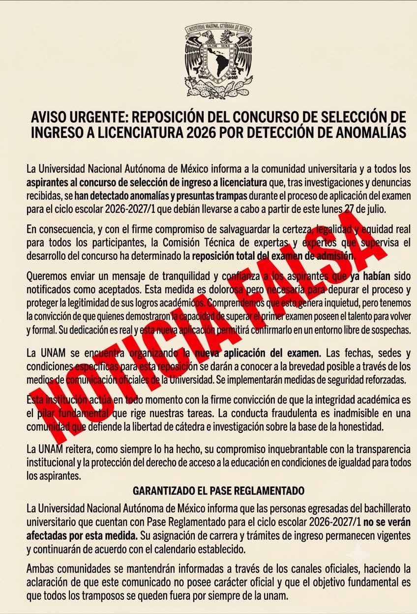 glbduc4jg5hedpcghh6bqlmm7y UNAM aclara información falsa sobre el proceso de admisión que entró a revisión.