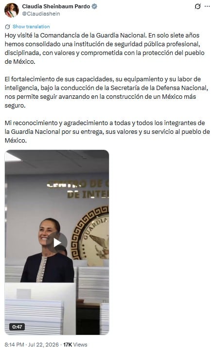 Guardia Nacional recibe reconocimiento de Sheinbaum por su servicio al pueblo