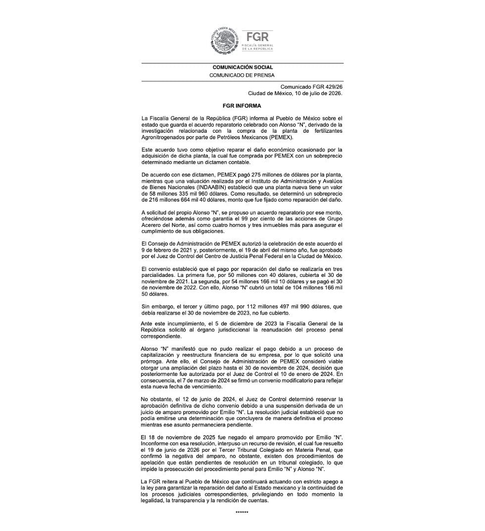 Comunicado de la FGR sobre el proceso penal contra Alonso Ancira y Emilio Lozoya.