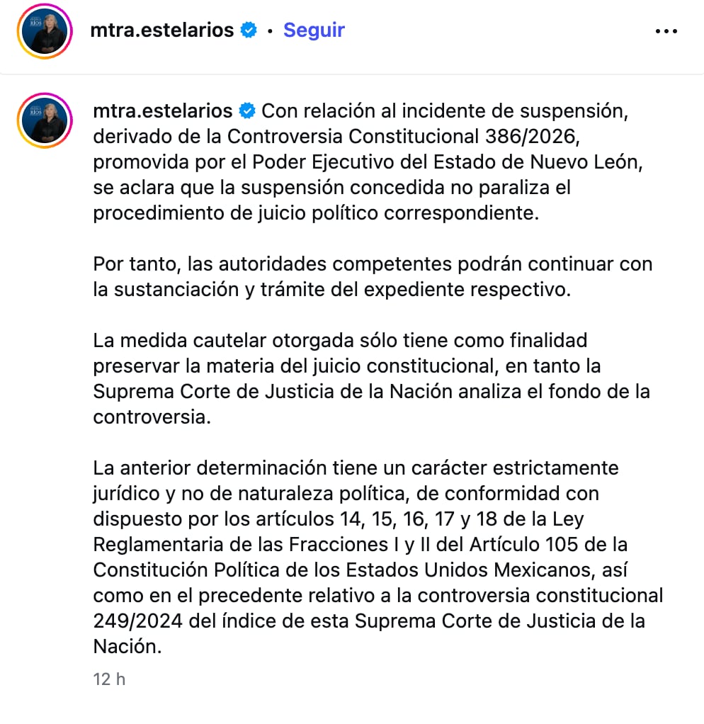 ig2vcve5izazrjm6ibo56vepqu María Estela Ríos habla de la suspensión de Samuel García ante su juicio político