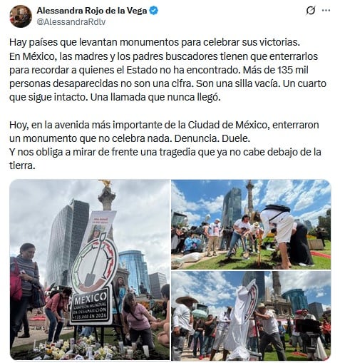 Alessandra Rojo de la Vega se pronuncia sobre el antimonumento a los desaparecidos en el Ángel de la Independencia.