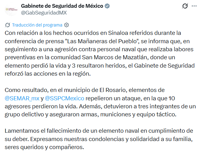 Operativo en Sinaloa deja 10 agresores abatidos tras ataque a la Marina