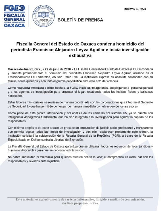 Fiscalía de Oaxaca inicia una investigación por asesinato del periodista Alejandro Leyva