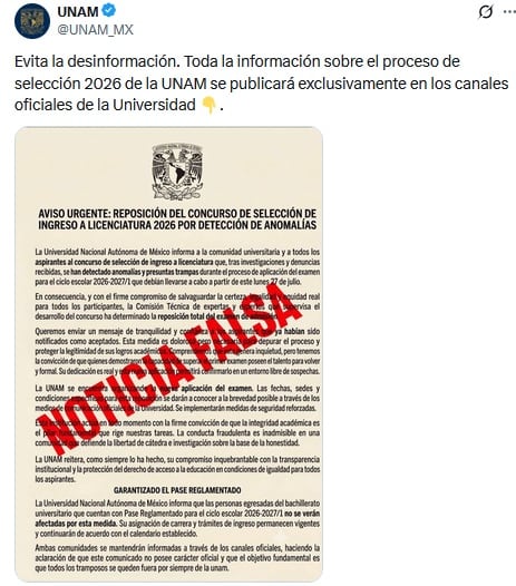 ju7tzjv6pzeblfes3hnnx3gbqu UNAM aclara información falsa sobre el proceso de admisión que entró a revisión.