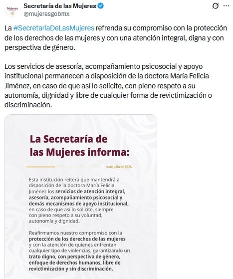 Secretaría de las Mujeres reconfirma apoyo a María Felicia Jiménez tras liberación de su agresor.