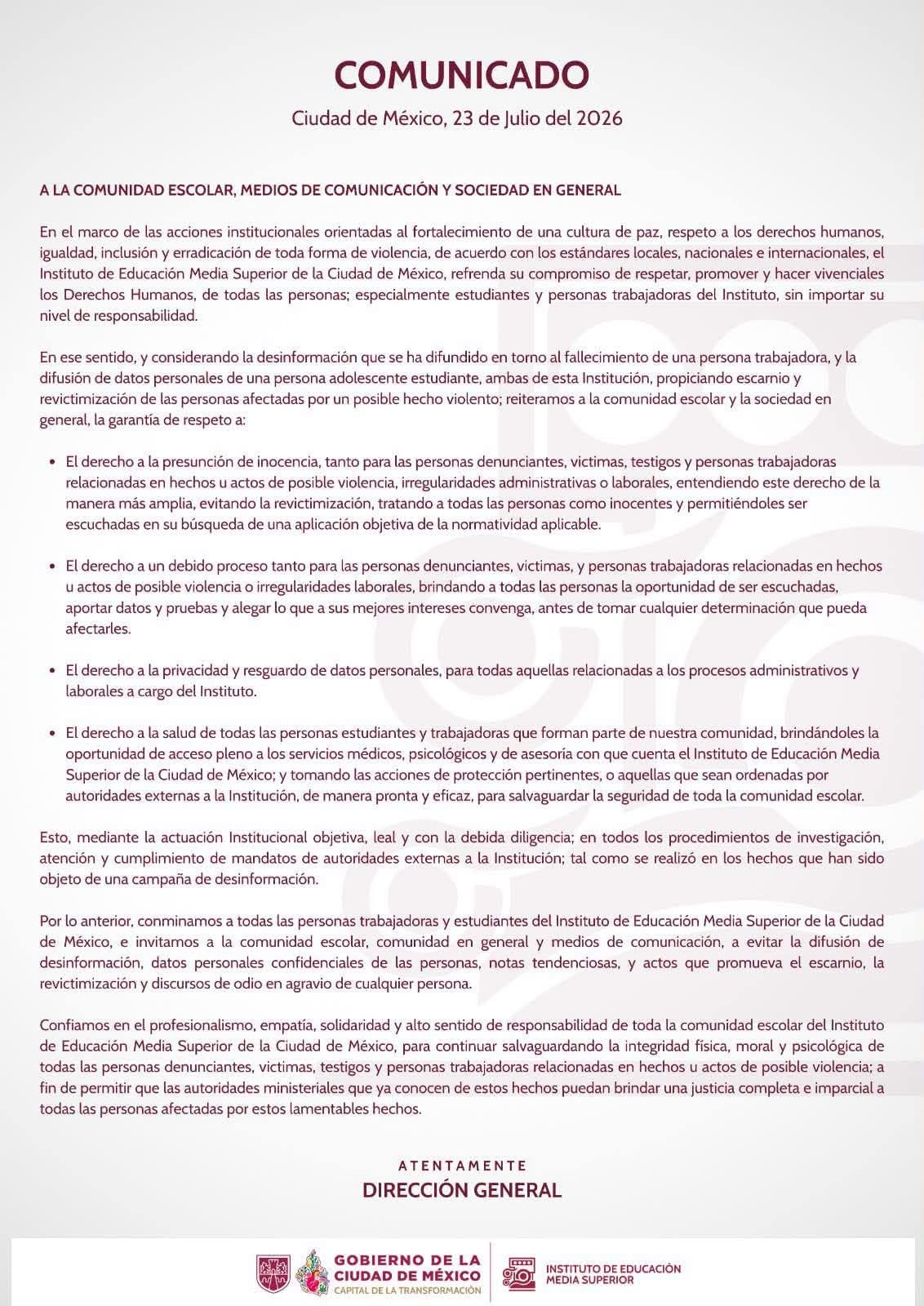 kb2skrnmtjejjaenkznws32syy IEMS CDMX fija postura ante muerte profesor tras denuncia por presunto abuso sexual