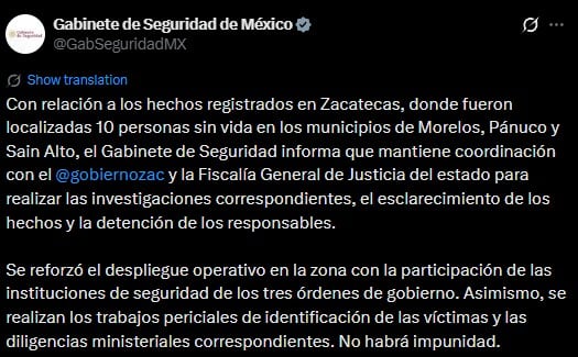 kfocza4qrrdxtd3fc3kpe6wdiy Gabinete de Seguridad investiga hallazgo de 10 personas asesinadas en Zacatecas