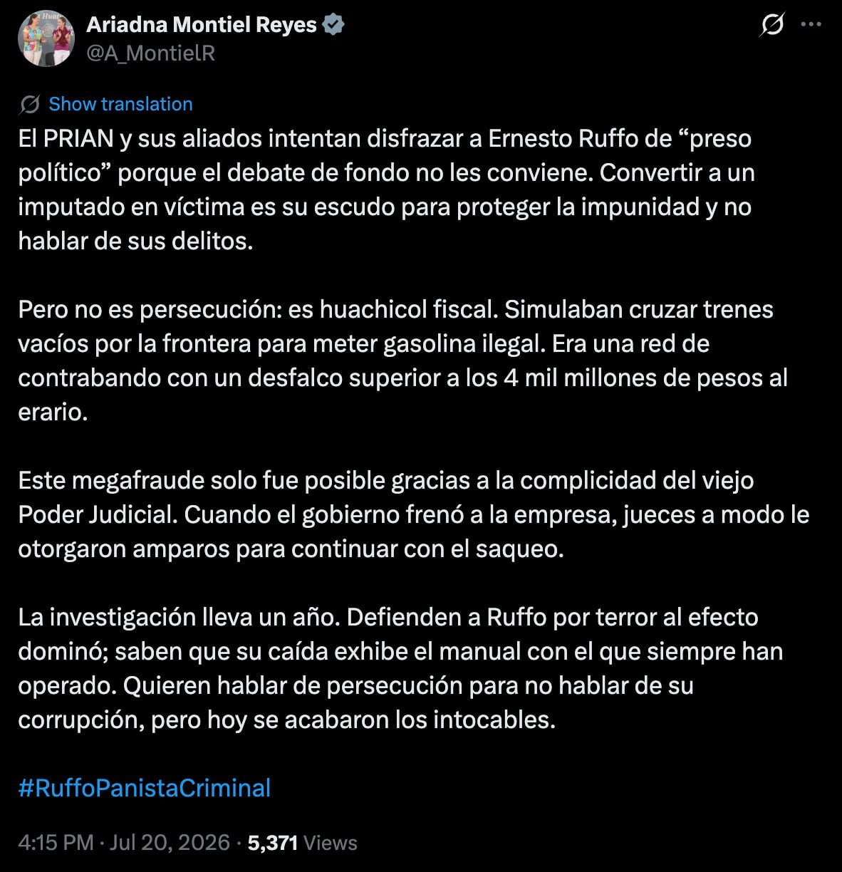 Ariadna Montiel acusa a oposición de querer convertir a Ernesto Ruffo en víctima