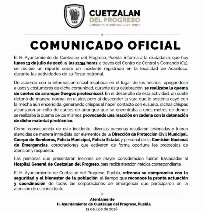 Explosión durante fiesta patronal en el municipio de Cuetzalan