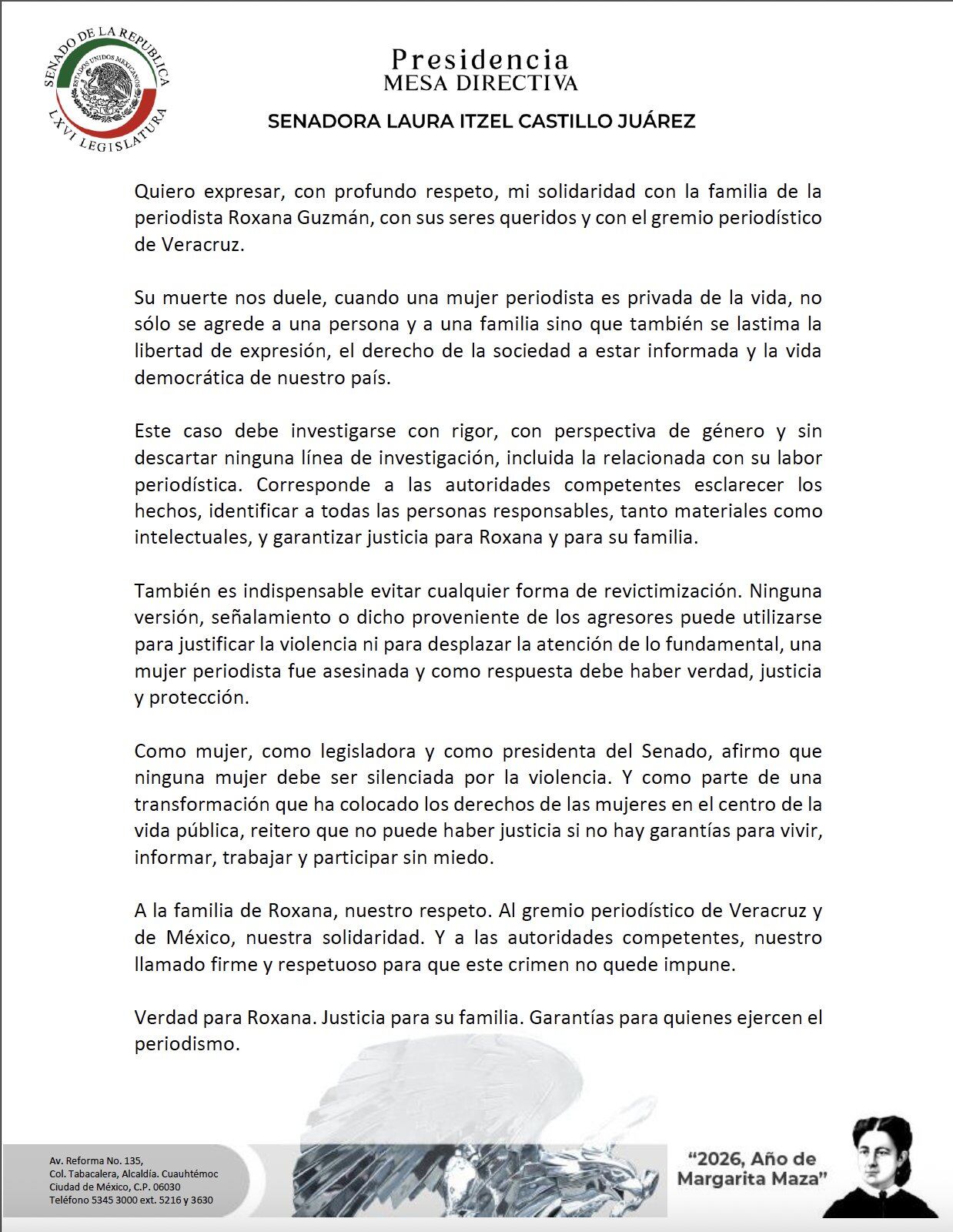 Asesinato de Roxana Guzmán debe investigarse con perspectiva de género, exige Laura Itzel Castillo