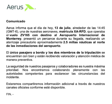 Aeronave de Aerus cae en Nuevo León