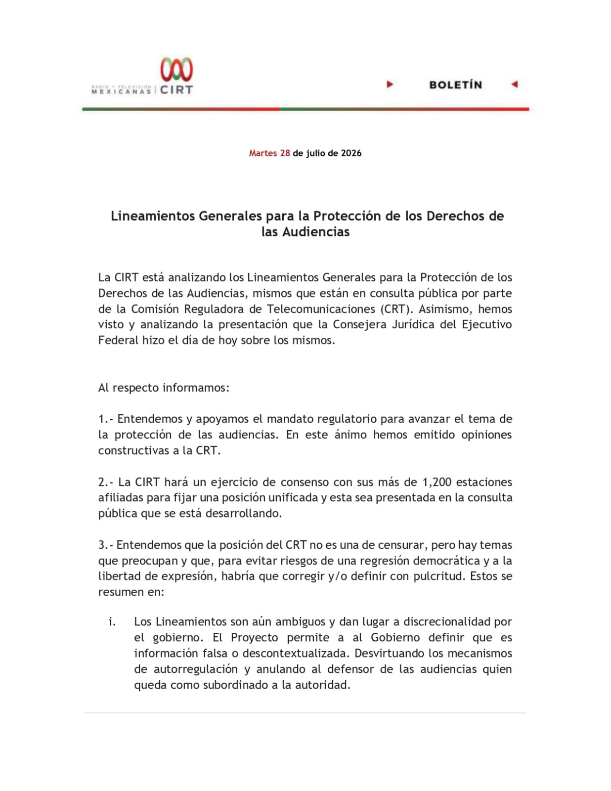 CIRT critica nuevos lineamientos para las audiencias; los califica de “ambiguos”