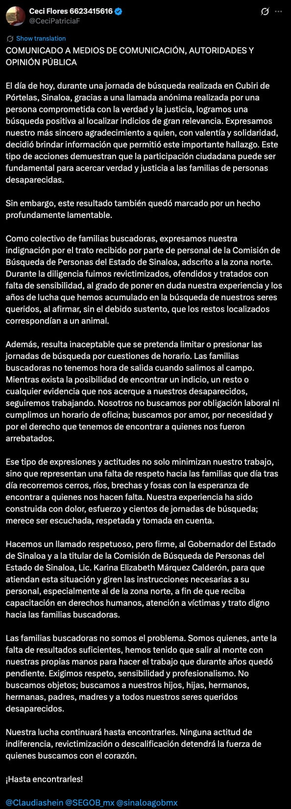 Ceci Flores estalla contra la Comisión de Búsqueda de Sinaloa por revictimización