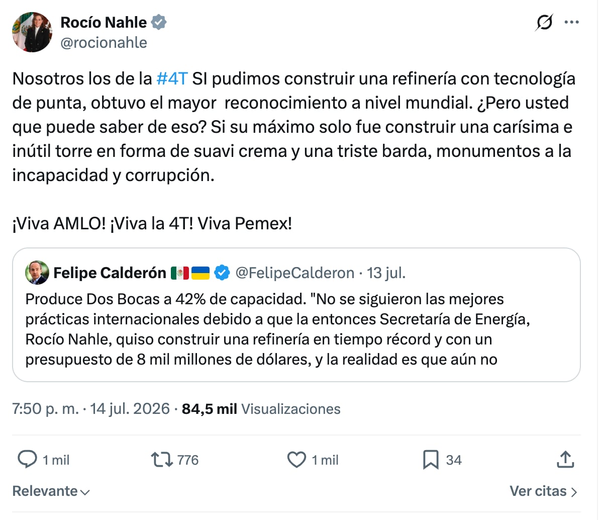 nbn4pqxfazhlneyzoljd6zstpy Rocío Nahle responde a Felipe Calderón por el tema de la refinería Dos Bocas