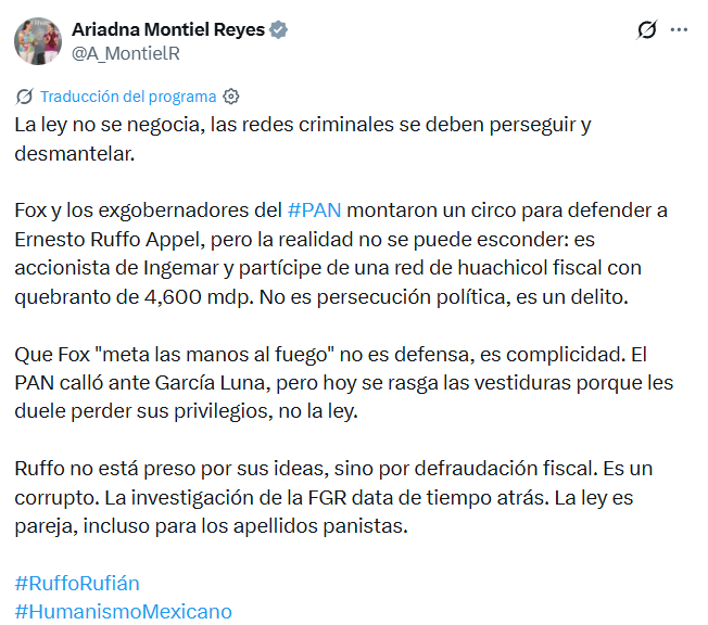 Ariadna Montiel reitera acusación contra Ernesto Ruffo como accionista de Ingemar