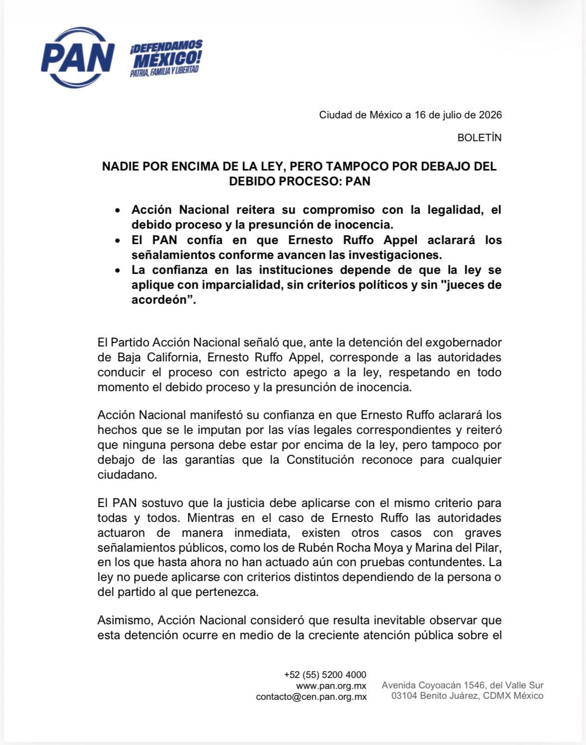 PAN pide respeto al debido proceso para Ernesto Ruffo
