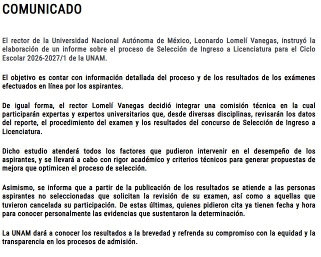 Leonardo Lomelí ordena informe del examen UNAM 2026