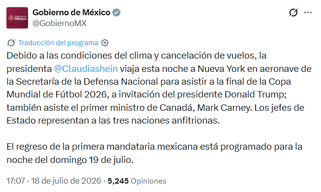Sheinbaum viajará a la final del Mundial 2026