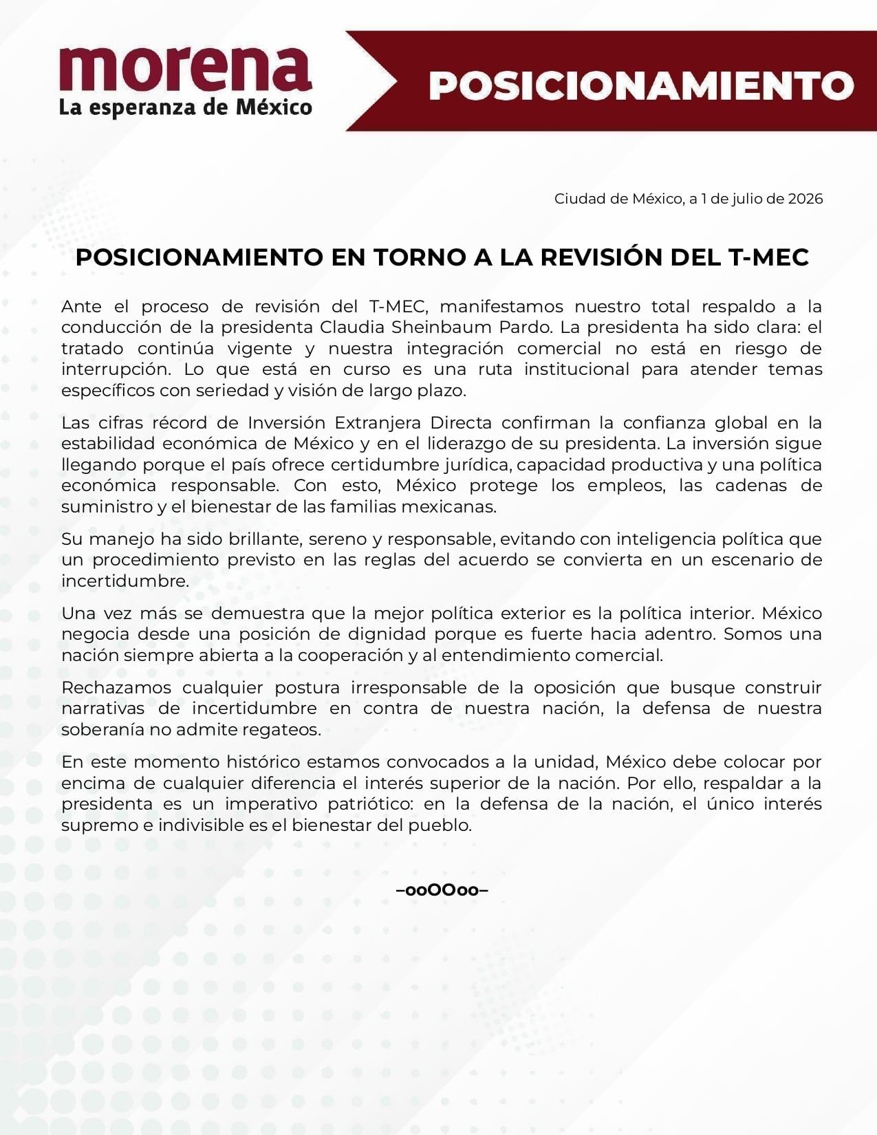 Morena pide unidad ante revisión del T-MEC