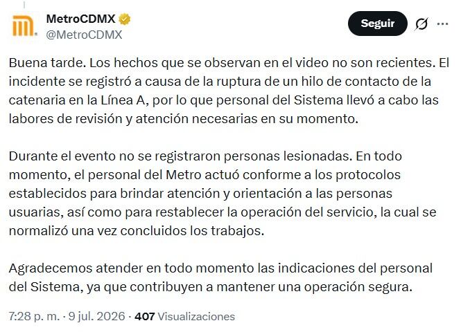 Video viral sobre presuntas explosiones en la Línea A no es un hecho reciente, informa el Metro CDMX