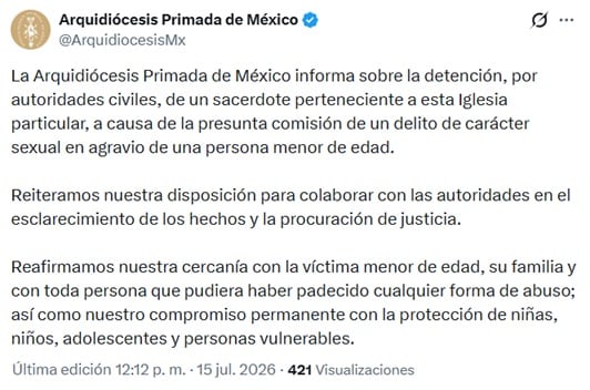 Arquidiócesis Primada de México responde a la detención de sacerdote por presunto abuso