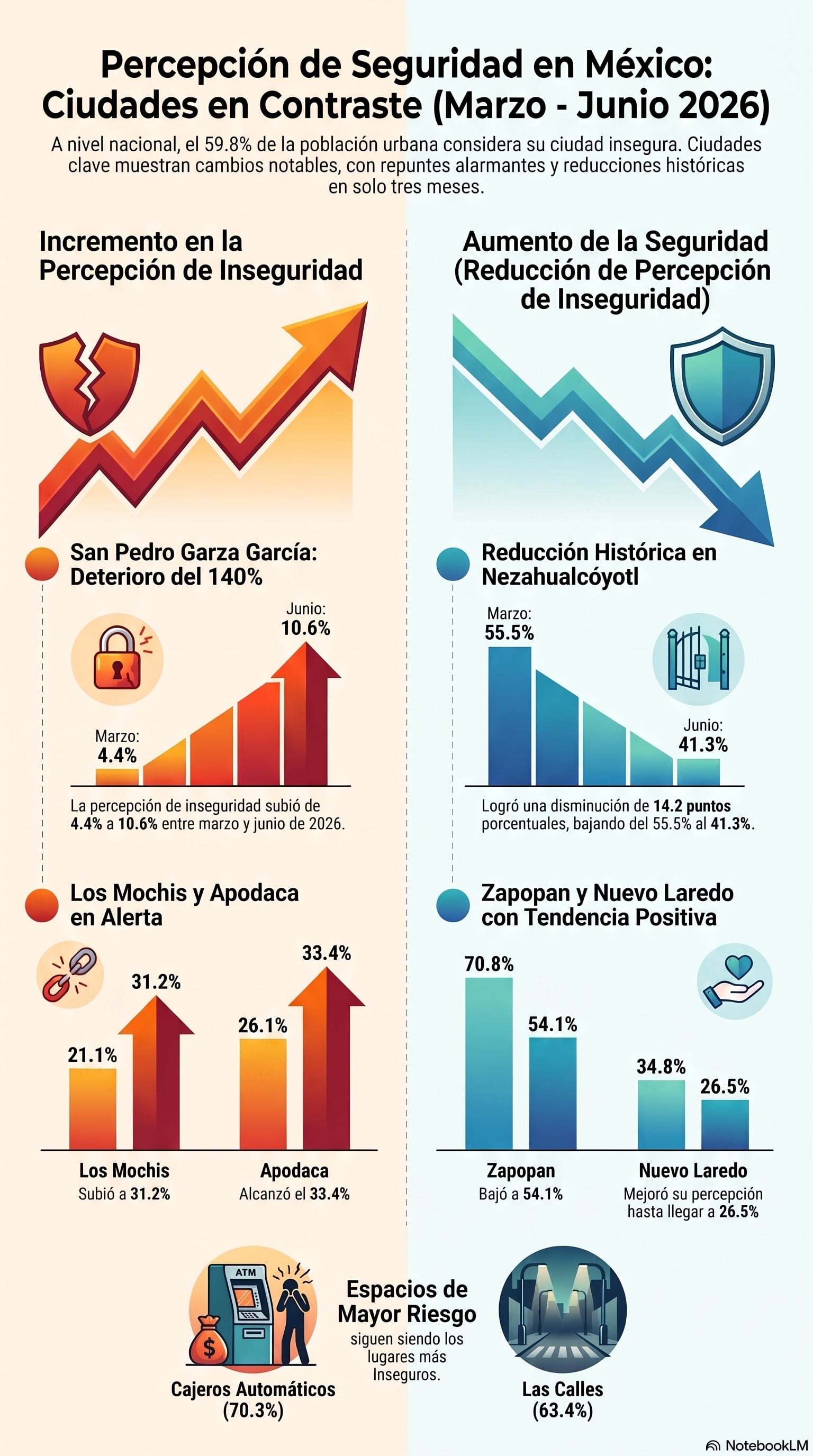 Ciudades con incremento y disminución en la percepción de Inseguridad, según Inegi.