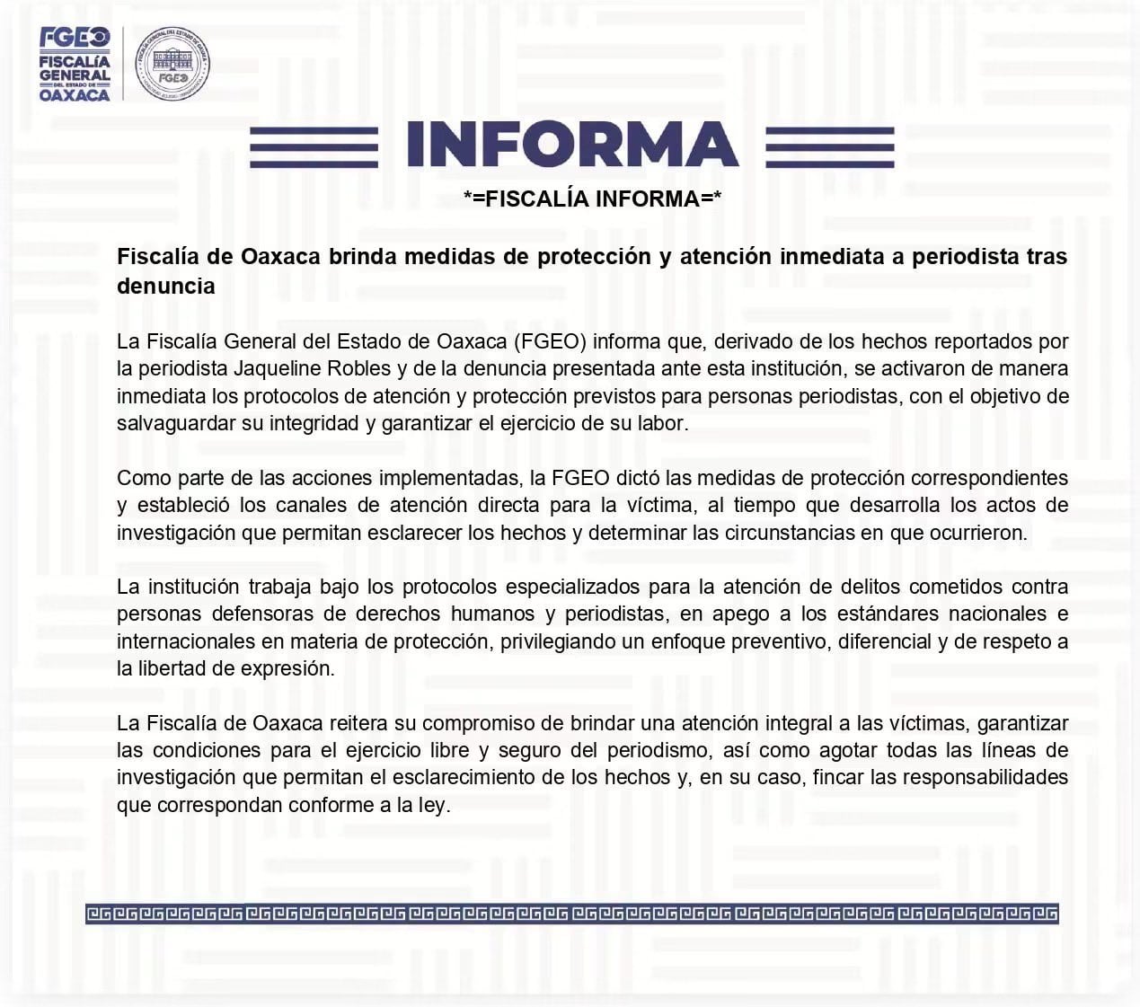 Comunicado de la FGEO sobre la denuncia de la periodista Jaqueline Robles.