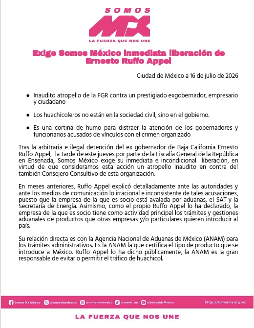 Somos México exige liberación inmediata de Ernesto Ruffo