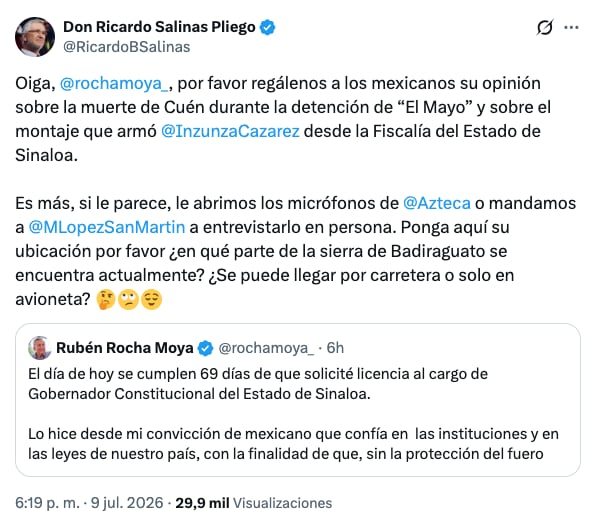 El desafío que Ricardo Salinas Pliego lanzó a Rubén Rocha Moya