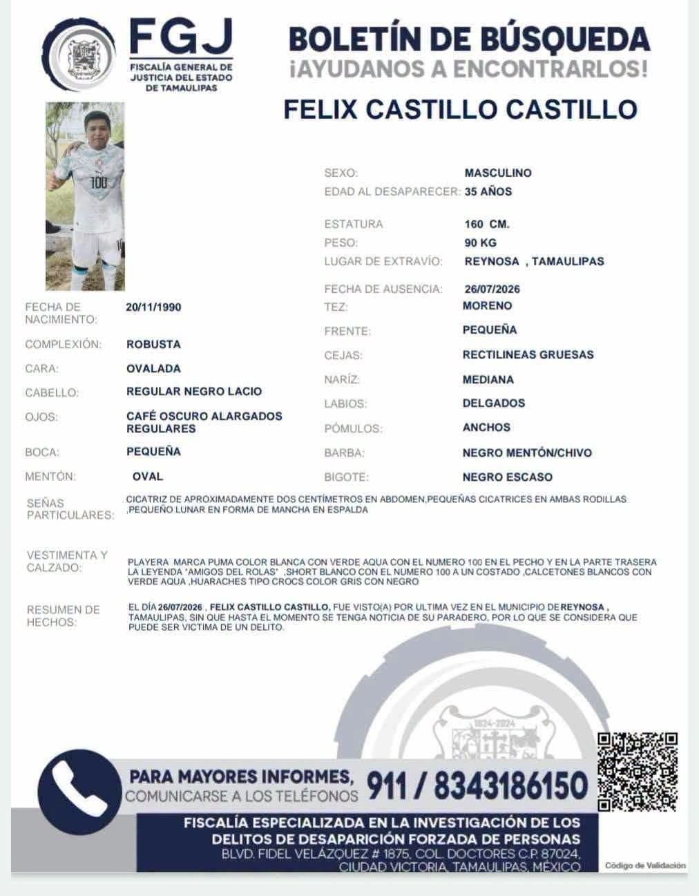 Félix Castillo Castillo salió a jugar futbol y no regresó; continúa su búsqueda