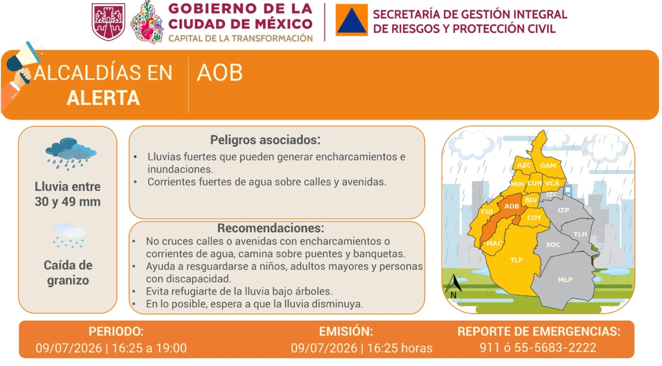 Activan alerta amarilla y naranja por lluvias en la CDMX este jueves 9 de julio