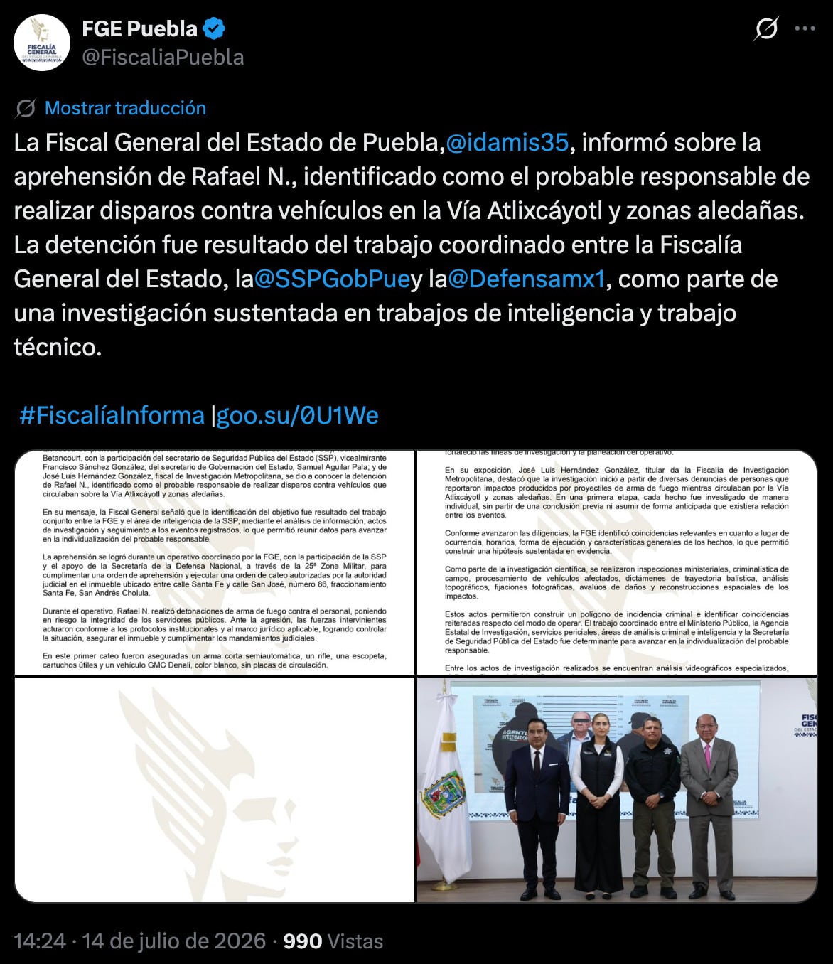 Detienen a presunto tirador de la vía Atlixcáyotl