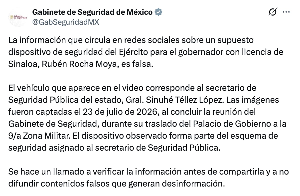Gabinete de Seguridad desmiente video de Rocha Moya protegido por el Ejército