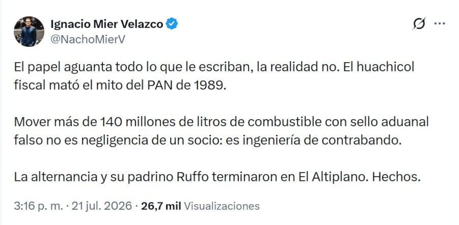 Ignacio Mier: caso de Ernesto Ruffo evidencia una grave crisis por huachicol fiscal