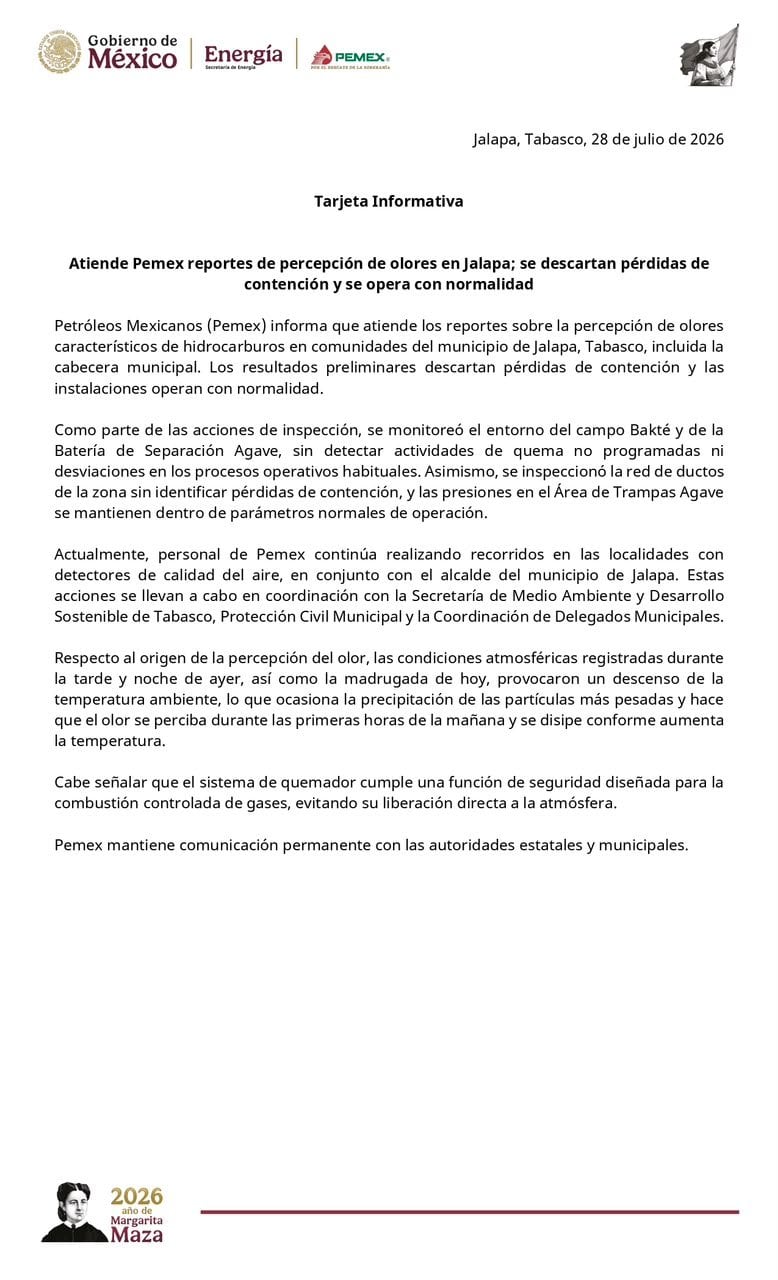 Pemex explica origen del olor a hidrocarburo en Jalapa