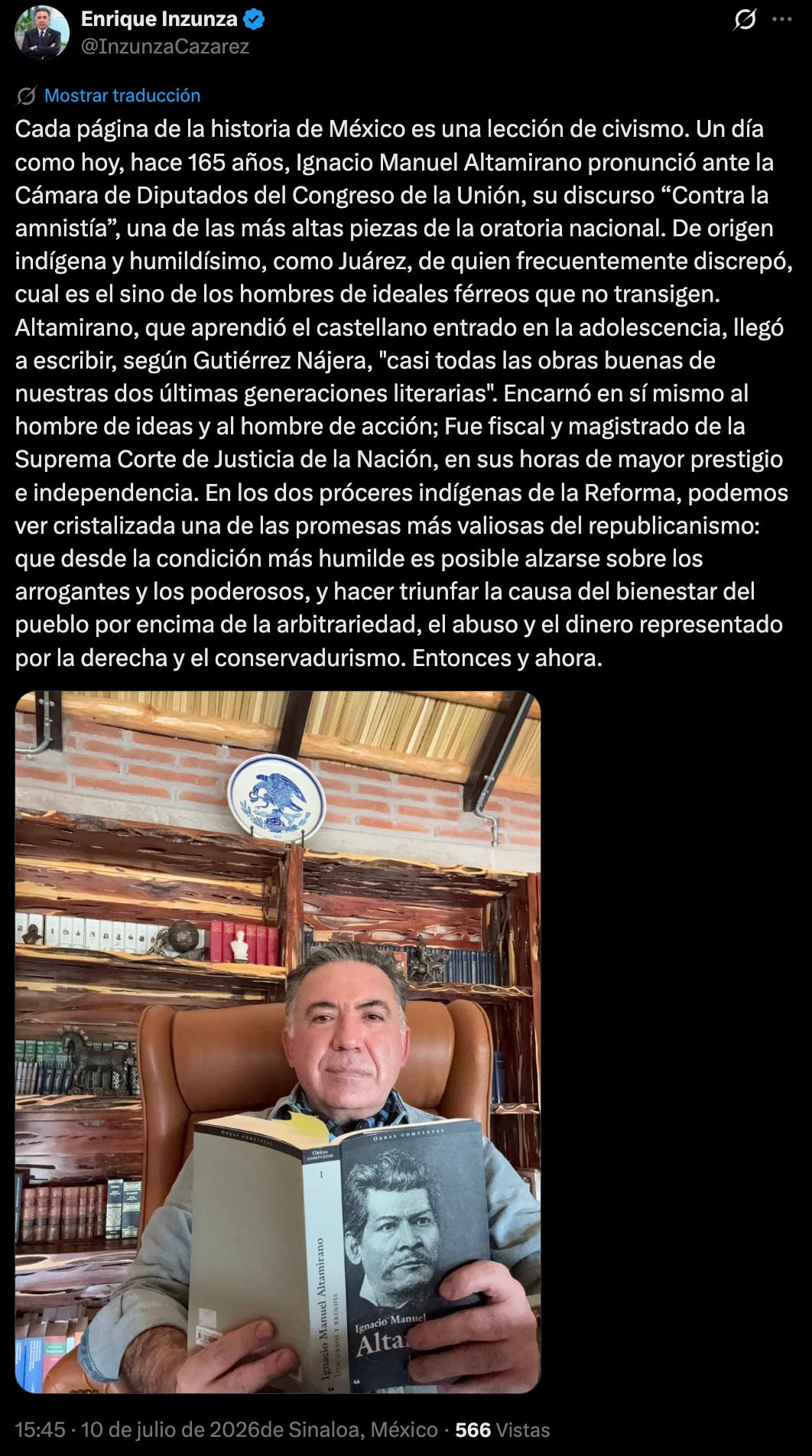 Enrique Inzunza reaparece con reflexión de Ignacio Manuel Altamirano