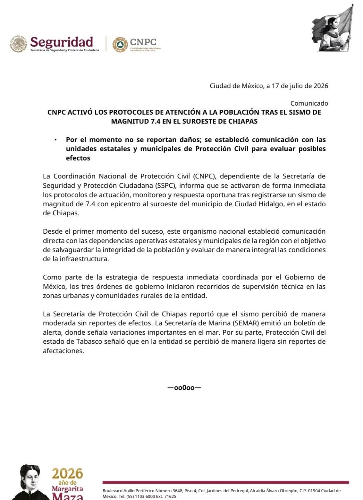 Protección Civil: sin daños tras sismo de magnitud 7.4 en Chiapas