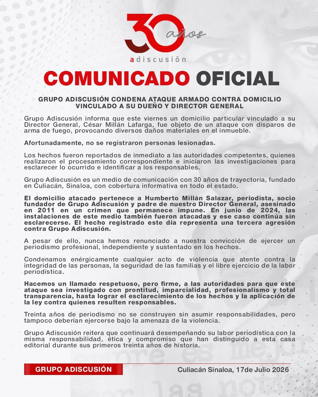 Atacan a balazos domicilio del periodista asesinado Humberto Millán