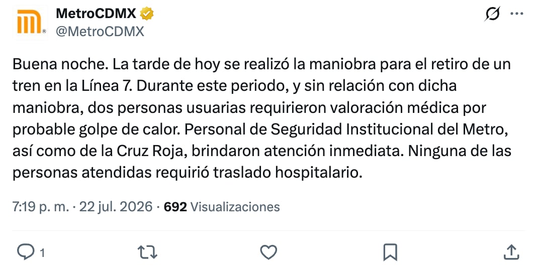 Metro CDMX sobre lo ocurrido en la Línea 7