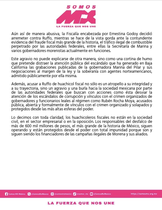Somos México exige liberación inmediata de Ernesto Ruffo