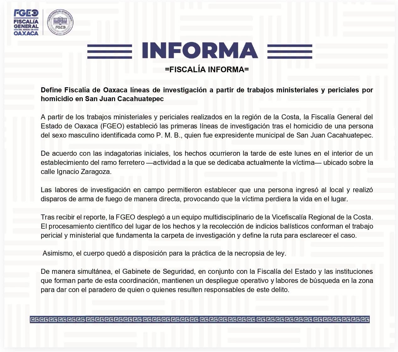 Fiscalía de Oaxaca investiga asesinato del exalcalde Pedro Martínez Barroso de San Juan Cacahuatepec