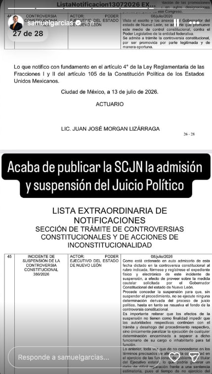 Samuel García presume que SCJN suspendió juicio político en su contra
