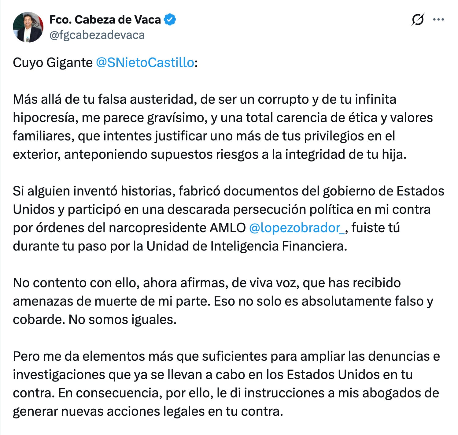 García Cabeza de Vaca responde a Santiago Nieto por acusaciones de amenazas