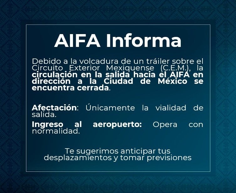 zhp7kxplrnhwrej5ekpq56ayki Volcadura paraliza el acceso al AIFA dirección CDMX
