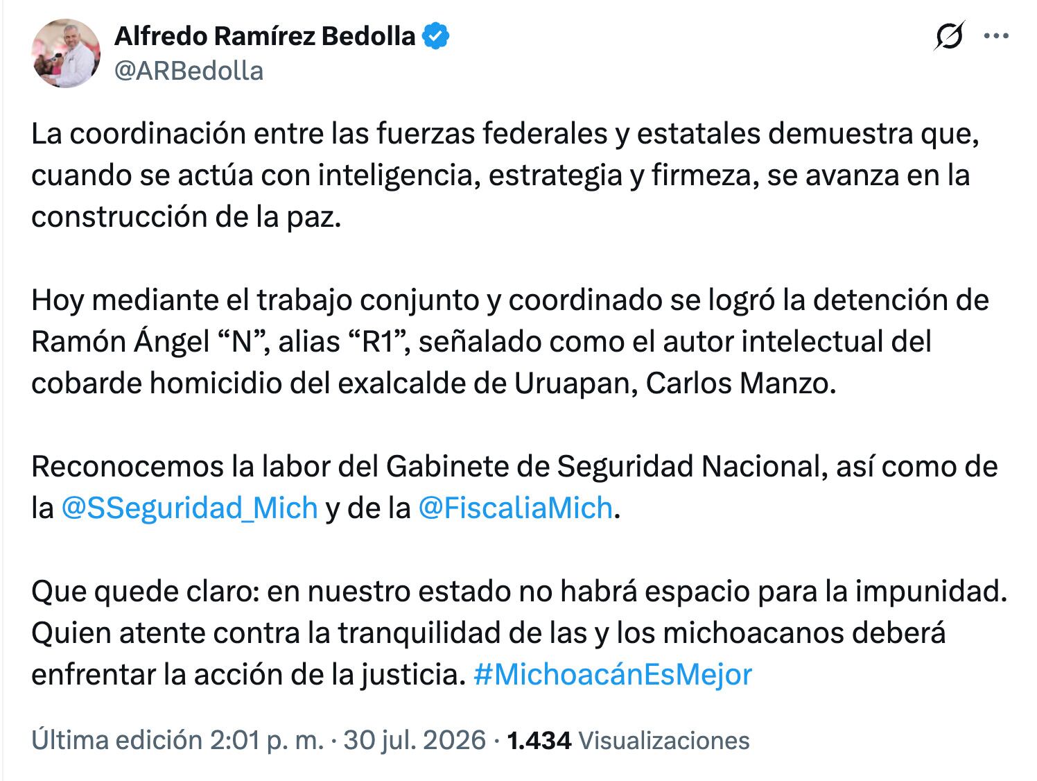 zqyghsna2ndhlg6djrkwjjxd4y Ramírez Bedolla destaca captura de "R1" como mensaje contra la impunidad en Michoacán