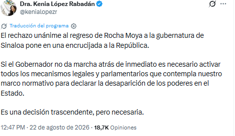 Mensaje de Kenia López Rabadan sobre Rocha Moya