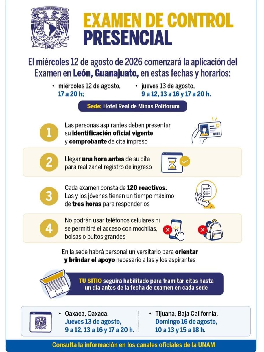 UNAM enlista 4 datos importantes para el examen de control en León