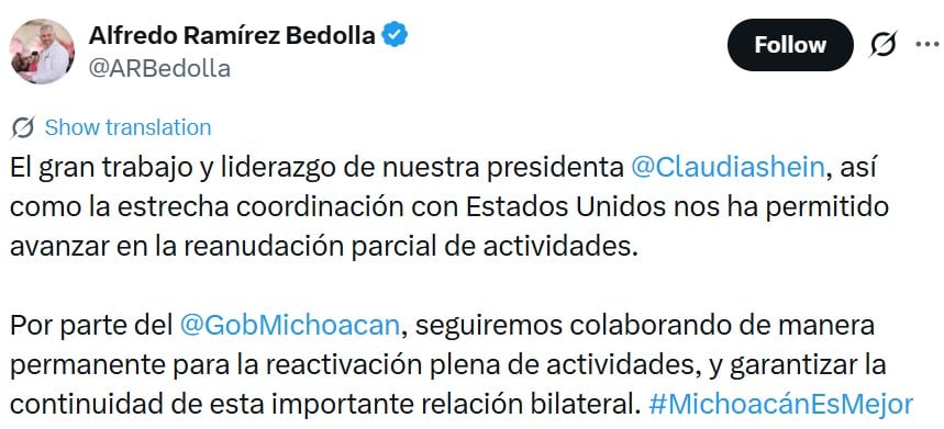dy6bl5drxjbhdajzaftq7gu7yy Ramírez Bedolla destaca liderazgo de Sheinbaum para reanudar actividades con Estados Unidos